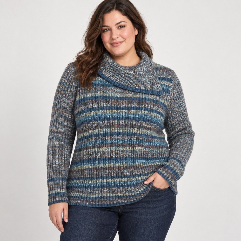 Villager Liz Claiborne Woman 1X Striped Cotton Sweater Asymmetric Collar